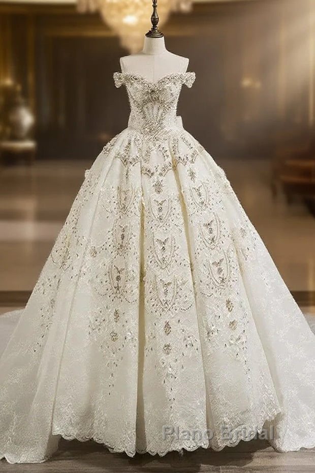 Gorgeous Off-The-Shoulder Chapel Train Ball Gown Wedding Dresses With Bowknot Main image