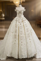 Gorgeous Off-The-Shoulder Chapel Train Ball Gown Wedding Dresses With Bowknot