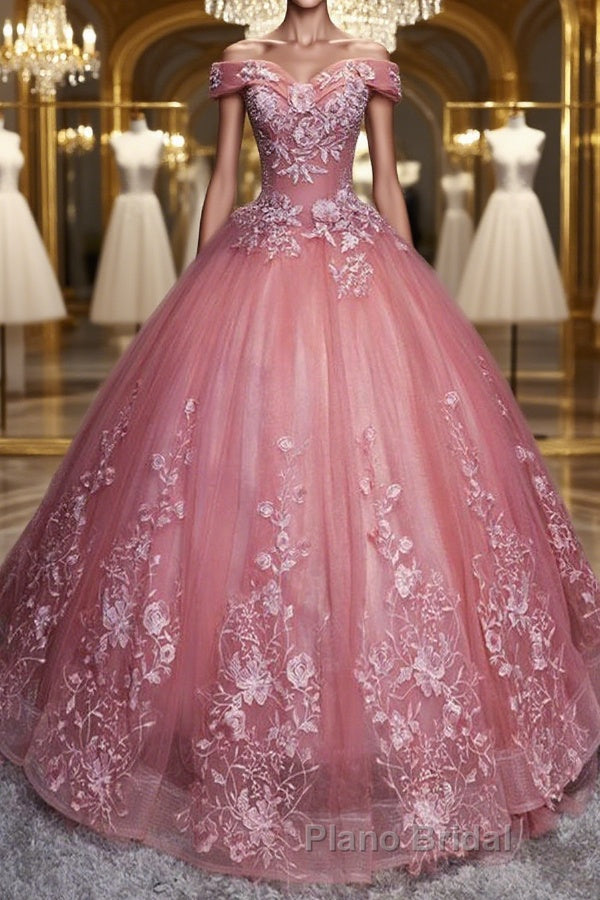 Gorgeous Off the Shoulder Pink Lace Appliques Long Formal Prom Dress, Off Shoulder Pink Formal Dress, Pink Evening Dress, Ball Gown Main image