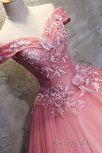 Gorgeous Off the Shoulder Pink Lace Appliques Long Formal Prom Dress, Off Shoulder Pink Formal Dress, Pink Evening Dress, Ball Gown