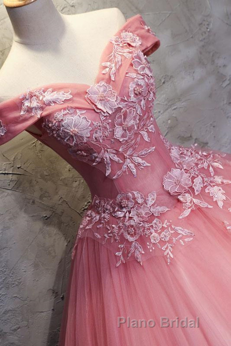 Gorgeous Off the Shoulder Pink Lace Appliques Long Formal Prom Dress, Off Shoulder Pink Formal Dress, Pink Evening Dress, Ball Gown