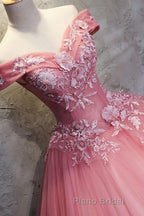 Gorgeous Off the Shoulder Pink Lace Appliques Long Formal Prom Dress, Off Shoulder Pink Formal Dress, Pink Evening Dress, Ball Gown
