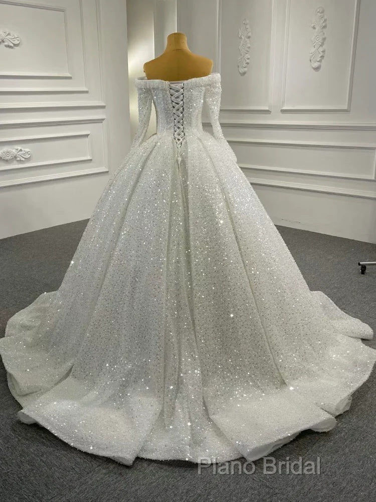Gorgeous Off The Shoulder Sparkly Ball Gown Sequin Wedding Dresses With Sleeves