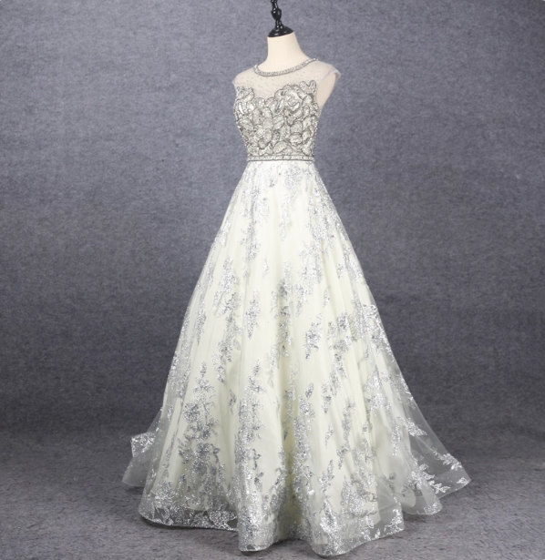 Gorgeous Off-White Crew Neck Beaded Embroidered Tulle Long Formal Prom Dresses Secondary image