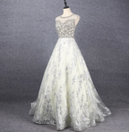 Gorgeous Off-White Crew Neck Beaded Embroidered Tulle Long Formal Prom Dresses