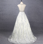 Gorgeous Off-White Crew Neck Beaded Embroidered Tulle Long Formal Prom Dresses
