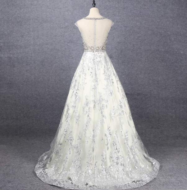 Gorgeous Off-White Crew Neck Beaded Embroidered Tulle Long Formal Prom Dresses