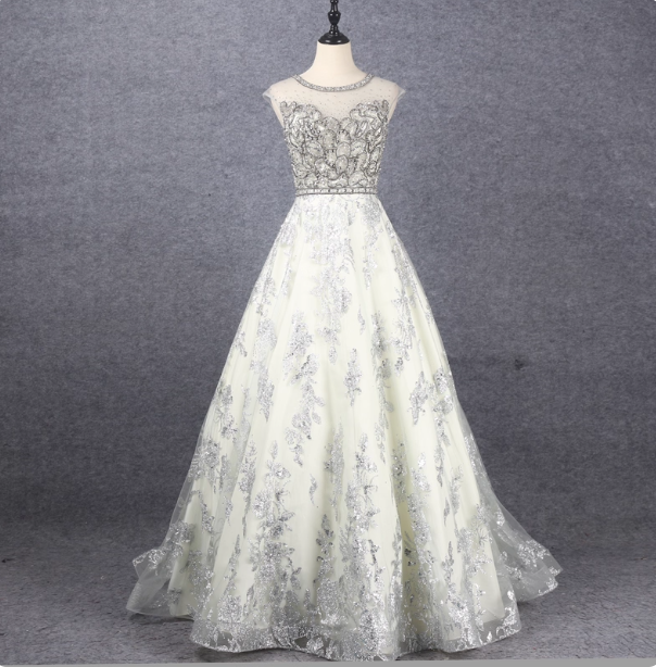 Gorgeous Off-White Crew Neck Beaded Embroidered Tulle Long Formal Prom Dresses Main image