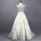 Gorgeous Off-White Crew Neck Beaded Embroidered Tulle Long Formal Prom Dresses