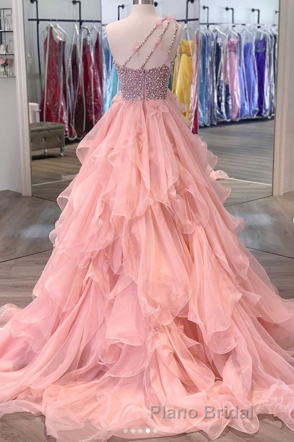 Gorgeous One Shoulder Beaded Pink Long Formal Prom Dresses, Fluffy Pink Formal Evening Dresses, Beaded Ball Gown Main image