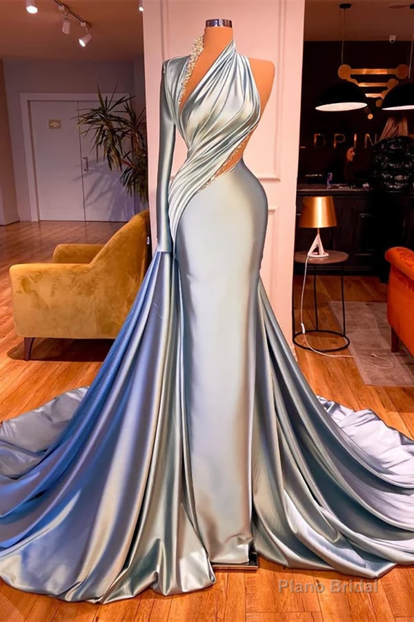 Gorgeous One Shoulder Long Sleeves Mermaid Prom Dress With Beads Main image
