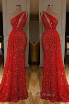 Gorgeous One Shoulder Red Sequins Long Formal Prom Dresses