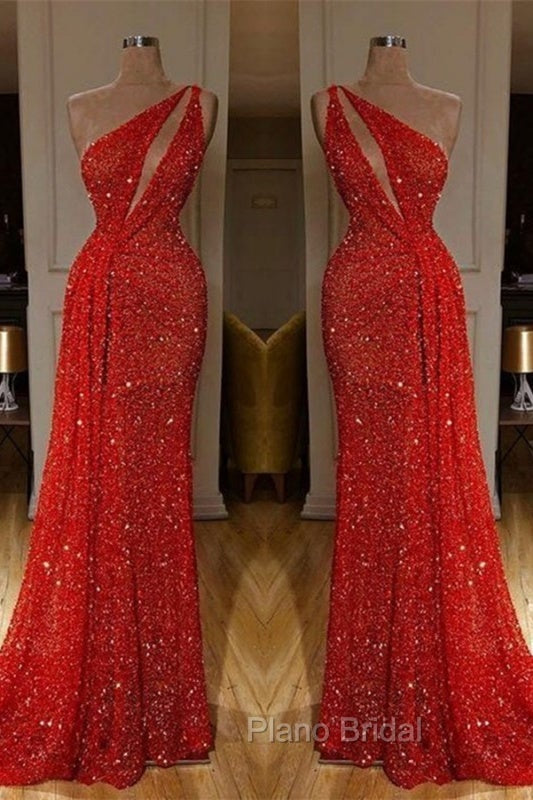 Gorgeous One Shoulder Red Sequins Long Formal Prom Dresses