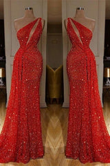 Gorgeous One Shoulder Red Sequins Long Prom Dress