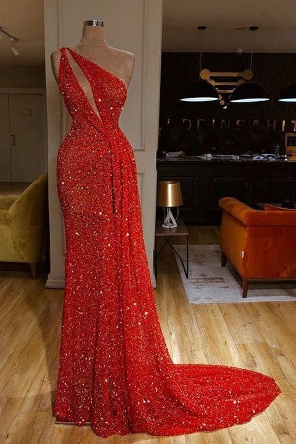 Gorgeous One Shoulder Red Sequins Long Prom Dress