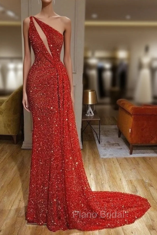 Gorgeous One Shoulder Red Sequins Long Formal Prom Dresses Main image