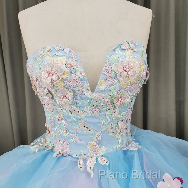 Gorgeous Organza Flowers Blue Sweet 16 Gown, Handmade Party Dresses Secondary image