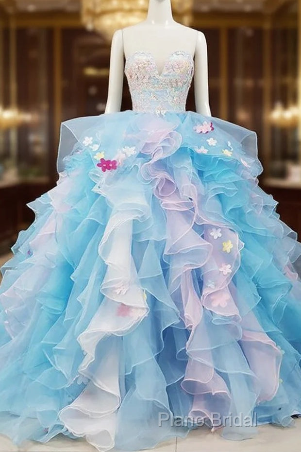 Gorgeous Organza Flowers Blue Sweet 16 Gown, Handmade Party Dresses Main image