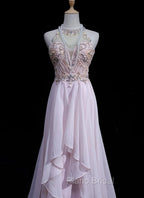 Gorgeous Pink A-Line Tulle High Neck Chiffon Long Beaded Backless Formal Prom Dresses Retro Wedding Birthday Dresses