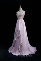 Gorgeous Pink A-Line Tulle High Neck Chiffon Long Beaded Backless Formal Prom Dresses Retro Wedding Birthday Dresses
