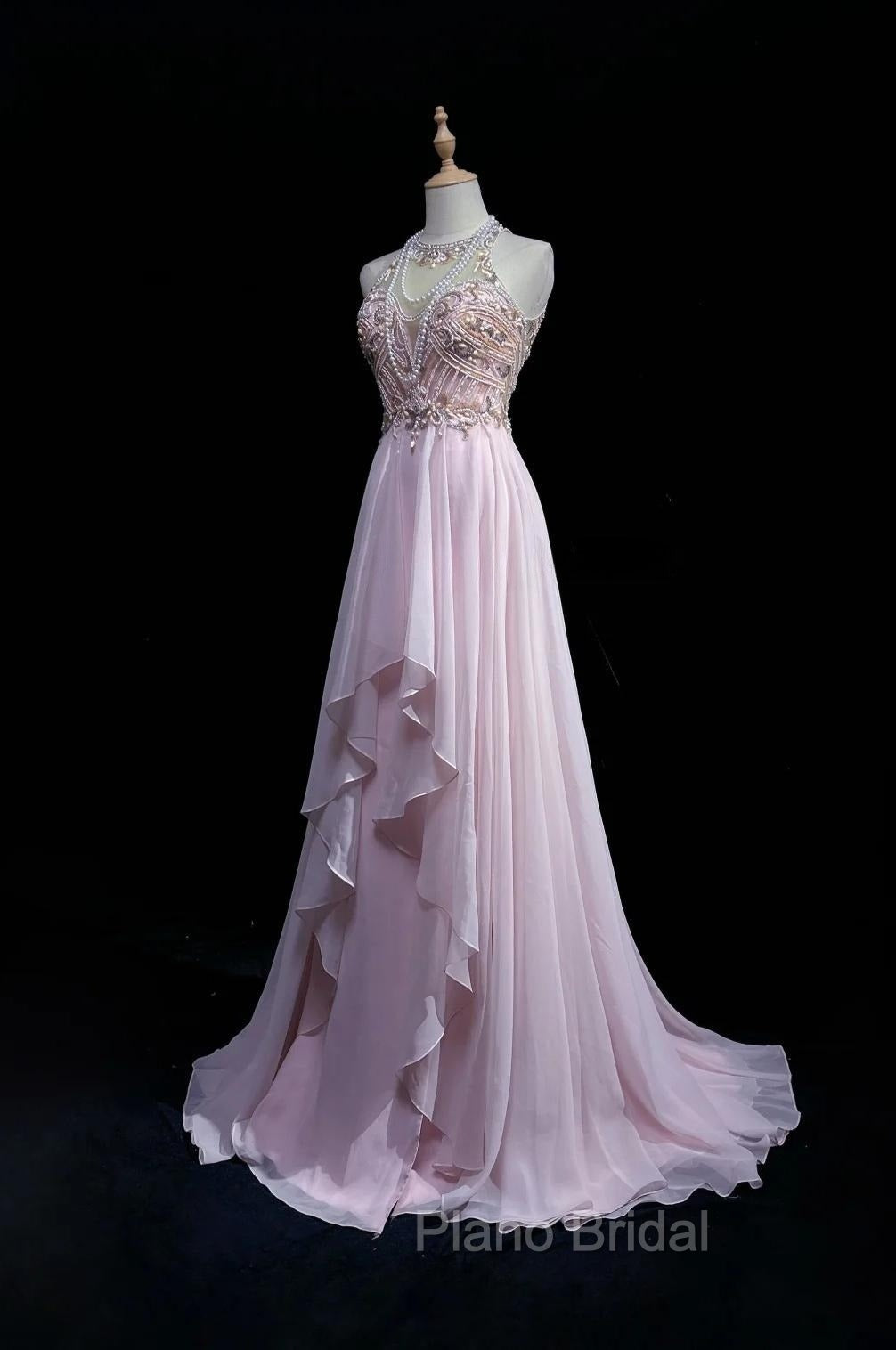 Gorgeous Pink A-Line Tulle High Neck Chiffon Long Beaded Backless Formal Prom Dresses Retro Wedding Birthday Dresses