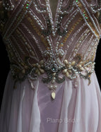 Gorgeous Pink A-Line Tulle High Neck Chiffon Long Beaded Backless Formal Prom Dresses Retro Wedding Birthday Dresses