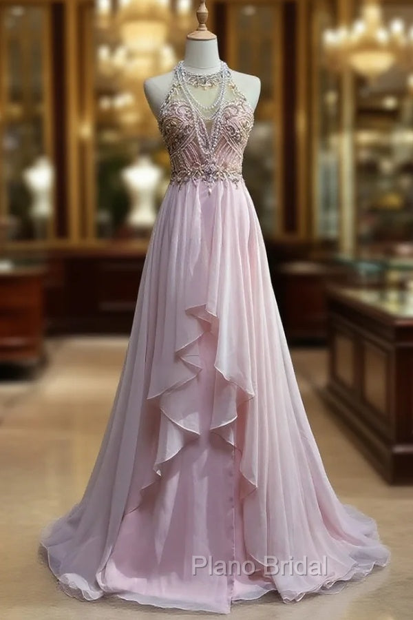 Gorgeous Pink A-Line Tulle High Neck Chiffon Long Beaded Backless Formal Prom Dresses Retro Wedding Birthday Dresses Main image