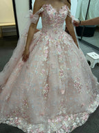 Gorgeous Pink Applique Ball Gowns Tulle Lace Off-The-Shoulder Long Quinceanera Dresses Tulle Sweet Birthday Dresses