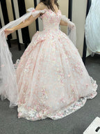 Gorgeous Pink Applique Ball Gowns Tulle Lace Off-The-Shoulder Long Quinceanera Dresses Tulle Sweet Birthday Dresses