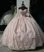 Gorgeous Pink Applique Ball Gowns Tulle Lace Off-The-Shoulder Long Quinceanera Dresses Tulle Sweet Birthday Dresses