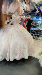 Gorgeous Pink Applique Ball Gowns Tulle Lace Off-The-Shoulder Long Quinceanera Dresses Tulle Sweet Birthday Dresses