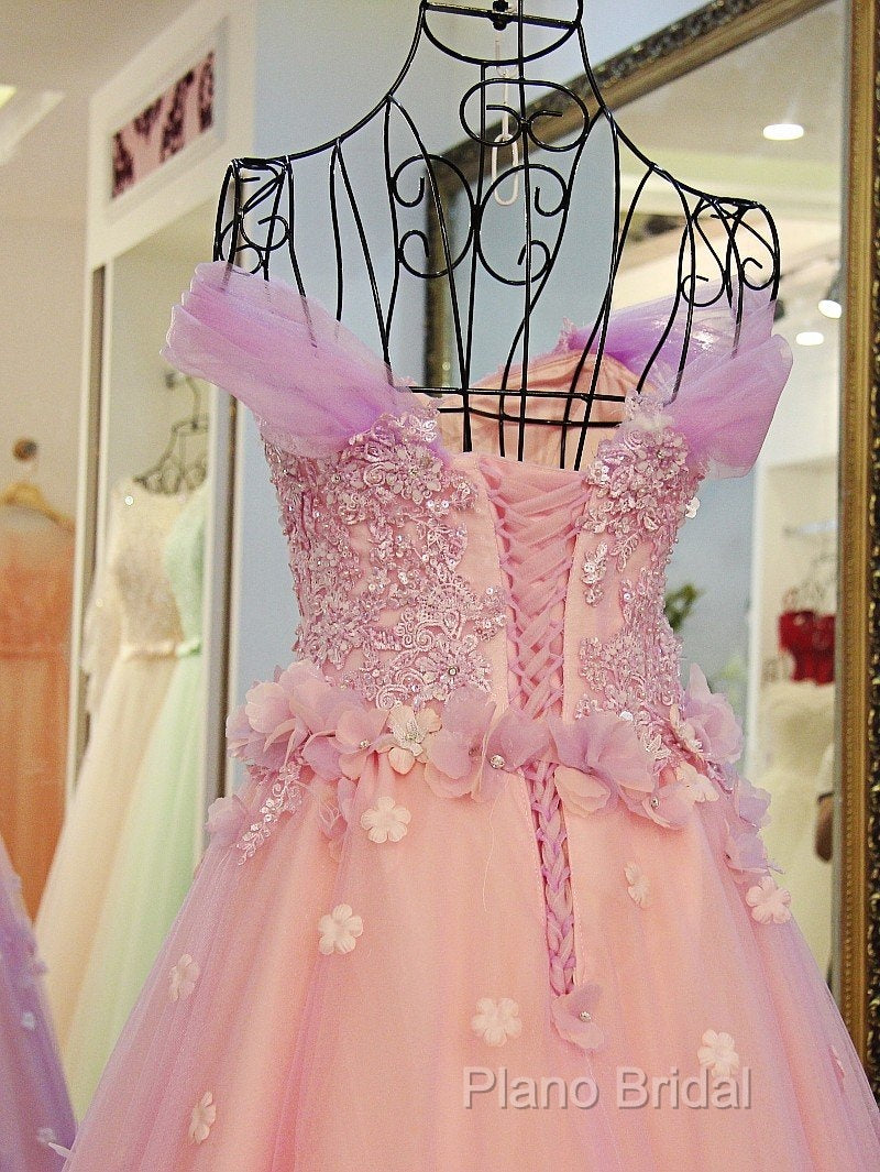 Gorgeous Pink Flowers Off Shoulder Party Dresses, Pink Formal Dresses Ball Gown Formal Dresses