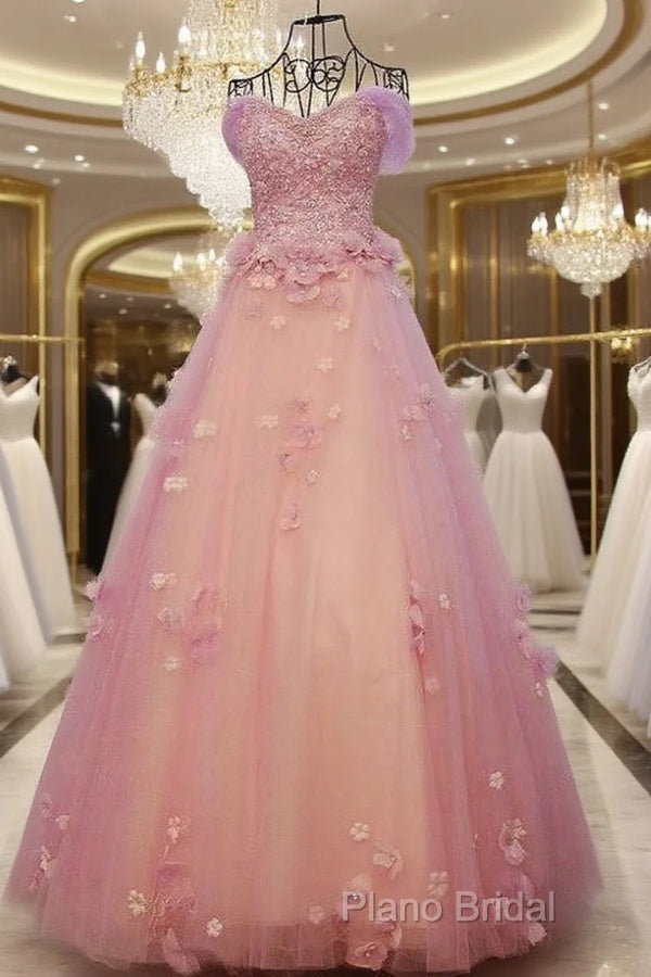 Gorgeous Pink Flowers Off Shoulder Party Dresses, Pink Formal Dresses Ball Gown Formal Dresses Main image