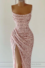 Gorgeous Pink Sequined Sleeveless Prom Dress With Slit