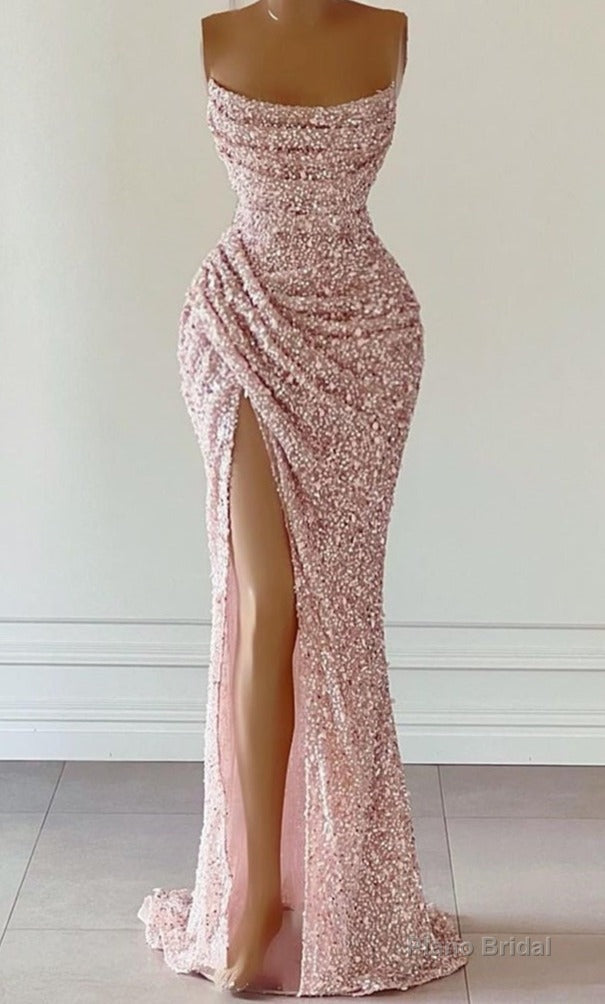 Gorgeous Pink Sequined Sleeveless Prom Dress With Slit Main image