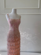 Gorgeous Pink Slim Square Neck 3D Flower Sequin Tassel Long Formal Prom Dresses