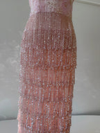 Gorgeous Pink Slim Square Neck 3D Flower Sequin Tassel Long Formal Prom Dresses