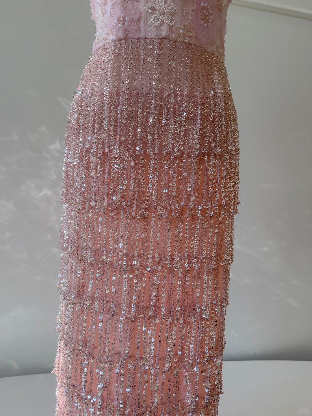 Gorgeous Pink Slim Square Neck 3D Flower Sequin Tassel Long Formal Prom Dresses