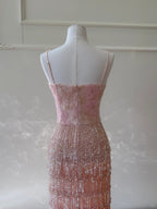Gorgeous Pink Slim Square Neck 3D Flower Sequin Tassel Long Formal Prom Dresses