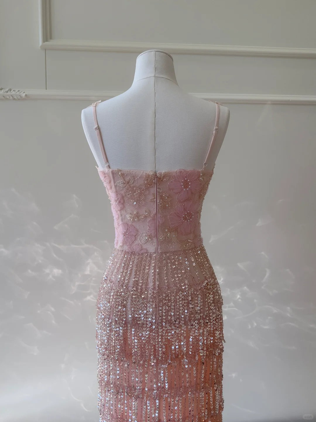 Gorgeous Pink Slim Square Neck 3D Flower Sequin Tassel Long Formal Prom Dresses