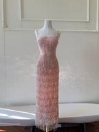 Gorgeous Pink Slim Square Neck 3D Flower Sequin Tassel Long Formal Prom Dresses