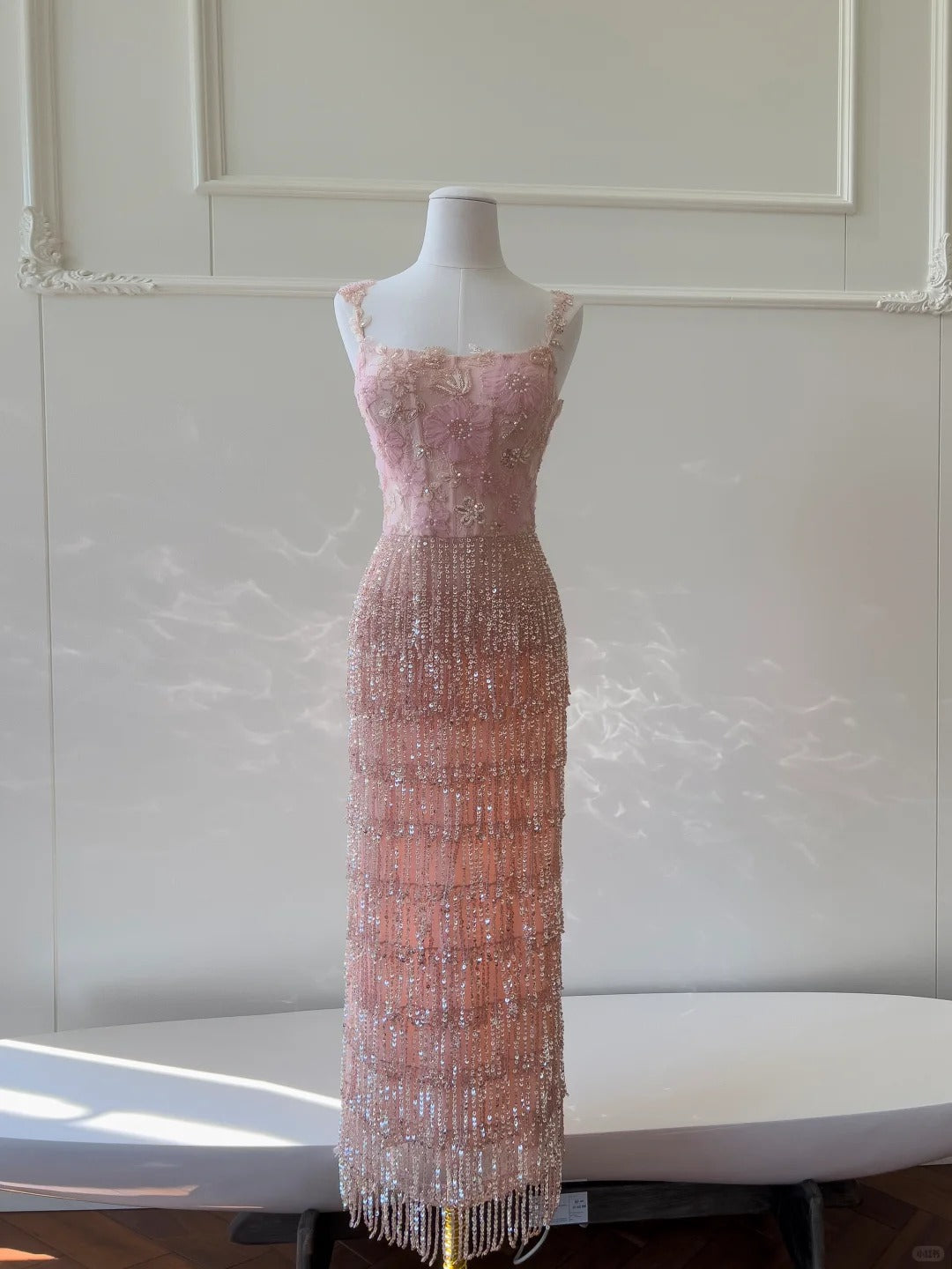 Gorgeous Pink Slim Square Neck 3D Flower Sequin Tassel Long Formal Prom Dresses