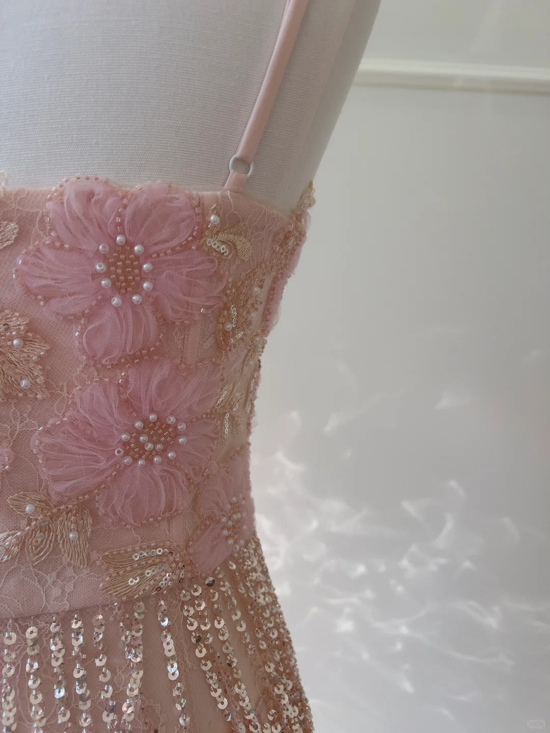 Gorgeous Pink Slim Square Neck 3D Flower Sequin Tassel Long Formal Prom Dresses