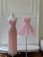 Gorgeous Pink Slim Square Neck 3D Flower Sequin Tassel Long Formal Prom Dresses