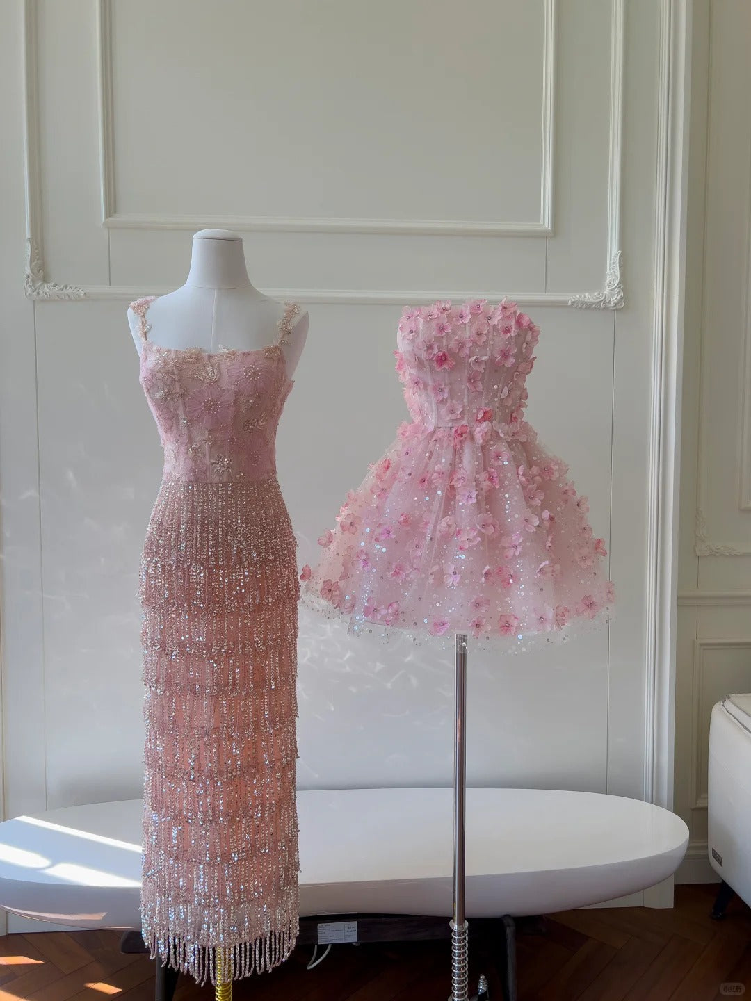 Gorgeous Pink Slim Square Neck 3D Flower Sequin Tassel Long Formal Prom Dresses