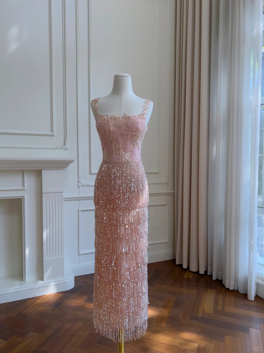 Gorgeous Pink Slim Square Neck 3D Flower Sequin Tassel Long Formal Prom Dresses Main image
