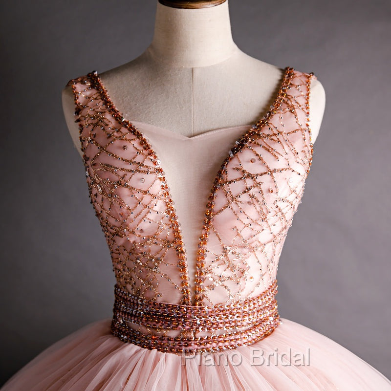 Gorgeous Pink V-neckline Beaded Ball Gown Formal Dresses, Pink Sweet 16 Dresses Secondary image