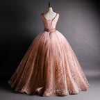 Gorgeous Pink V-neckline Beaded Ball Gown Formal Dresses, Pink Sweet 16 Dresses