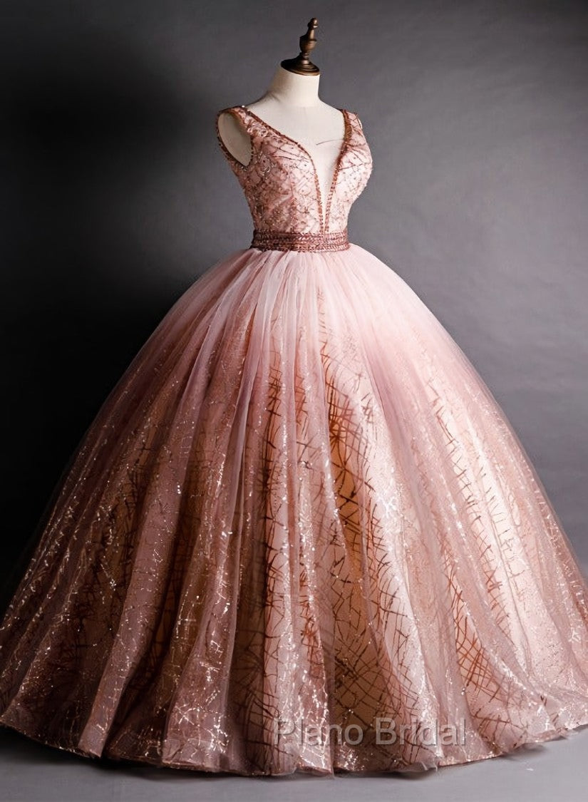 Gorgeous Pink V-neckline Beaded Ball Gown Formal Dresses, Pink Sweet 16 Dresses Main image
