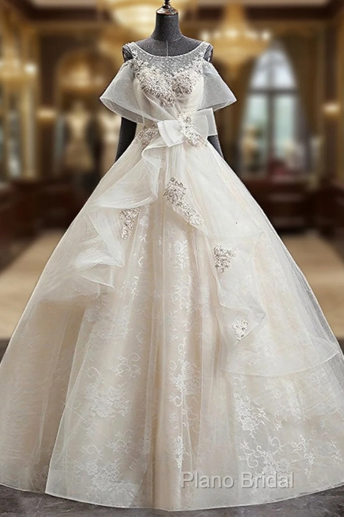 Gorgeous Princess Lace Appliques Beading Yarn Back Unique Sleeve Pretty Bow Ruffles Ball Gown Wedding Dresses